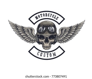 Vector illustration Vintage motorcycle Monochrome skull and wing in helmet . t-shirt graphics. Biker t-shirt. Motorcycle emblem.