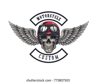 Vector illustration Vintage motorcycle Monochrome skull and wing in helmet . t-shirt graphics. Biker t-shirt. Motorcycle emblem.