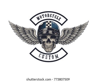 Vector illustration Vintage motorcycle Monochrome skull and wing in helmet . t-shirt graphics. Biker t-shirt. Motorcycle emblem.