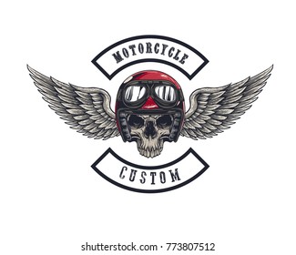 Vector illustration Vintage motorcycle Monochrome skull and wing in helmet . t-shirt graphics. Biker t-shirt. Motorcycle emblem.