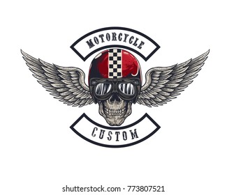 Vector illustration Vintage motorcycle Monochrome skull and wing in helmet . t-shirt graphics. Biker t-shirt. Motorcycle emblem.