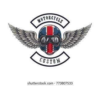 Vector illustration Vintage motorcycle Monochrome skull and wing in helmet . t-shirt graphics. Biker t-shirt. Motorcycle emblem.