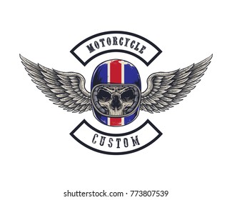 Vector illustration Vintage motorcycle Monochrome skull and wing in helmet . t-shirt graphics. Biker t-shirt. Motorcycle emblem.