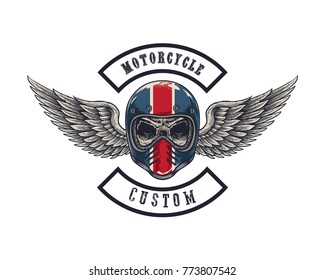 Vector illustration Vintage motorcycle Monochrome skull and wing in helmet . t-shirt graphics. Biker t-shirt. Motorcycle emblem.