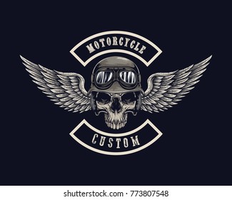 Vector illustration Vintage motorcycle Monochrome skull and wing in helmet . t-shirt graphics. Biker t-shirt. Motorcycle emblem.