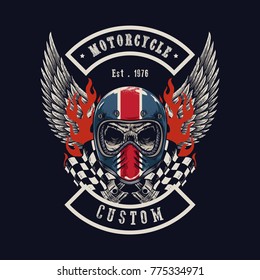 Vector illustration Vintage motorcycle Monochrome skull and wing in helmet . t-shirt graphics. Biker t-shirt. Motorcycle emblem.