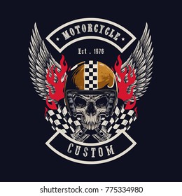 Vector illustration Vintage motorcycle Monochrome skull and wing in helmet . t-shirt graphics. Biker t-shirt. Motorcycle emblem.