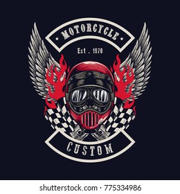 Vector illustration Vintage motorcycle Monochrome skull and wing in helmet . t-shirt graphics. Biker t-shirt. Motorcycle emblem.