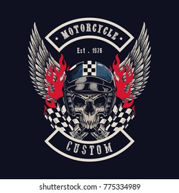 Vector illustration Vintage motorcycle Monochrome skull and wing in helmet . t-shirt graphics. Biker t-shirt. Motorcycle emblem.