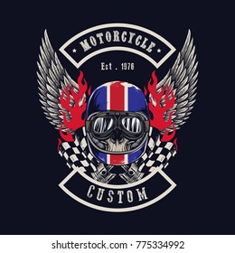 Vector illustration Vintage motorcycle Monochrome skull and wing in helmet . t-shirt graphics. Biker t-shirt. Motorcycle emblem.