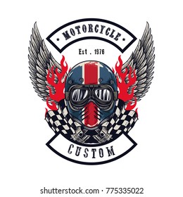 Vector illustration Vintage motorcycle Monochrome skull and wing in helmet . t-shirt graphics. Biker t-shirt. Motorcycle emblem.