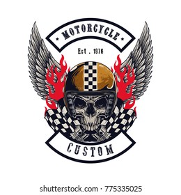Vector illustration Vintage motorcycle Monochrome skull and wing in helmet . t-shirt graphics. Biker t-shirt. Motorcycle emblem.