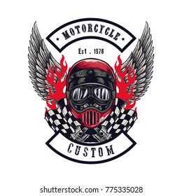 Vector illustration Vintage motorcycle Monochrome skull and wing in helmet . t-shirt graphics. Biker t-shirt. Motorcycle emblem.