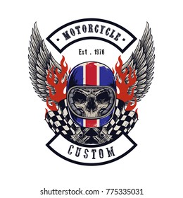 Vector illustration Vintage motorcycle Monochrome skull and wing in helmet . t-shirt graphics. Biker t-shirt. Motorcycle emblem.