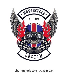 Vector illustration Vintage motorcycle Monochrome skull and wing in helmet . t-shirt graphics. Biker t-shirt. Motorcycle emblem.