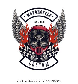 Vector illustration Vintage motorcycle Monochrome skull and wing in helmet . t-shirt graphics. Biker t-shirt. Motorcycle emblem.