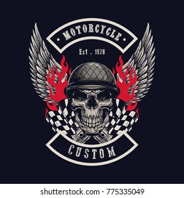 Vector illustration Vintage motorcycle Monochrome skull and wing in helmet . t-shirt graphics. Biker t-shirt. Motorcycle emblem.