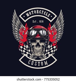 Vector illustration Vintage motorcycle Monochrome skull and wing in helmet . t-shirt graphics. Biker t-shirt. Motorcycle emblem.