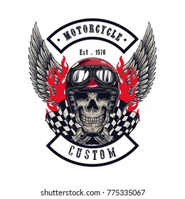 Vector illustration Vintage motorcycle Monochrome skull and wing in helmet . t-shirt graphics. Biker t-shirt. Motorcycle emblem.