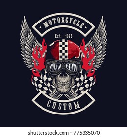 Vector illustration Vintage motorcycle Monochrome skull and wing in helmet . t-shirt graphics. Biker t-shirt. Motorcycle emblem.