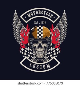 Vector illustration Vintage motorcycle Monochrome skull and wing in helmet . t-shirt graphics. Biker t-shirt. Motorcycle emblem.