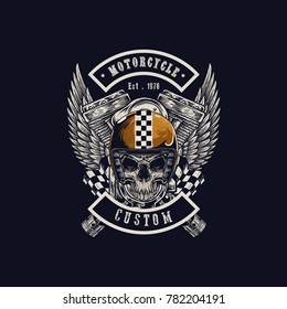 Vector illustration Vintage motorcycle Monochrome skull, motorcycle engines and wing in helmet . t-shirt graphics. Biker t-shirt. Motorcycle emblem.