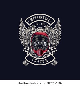 Vector illustration Vintage motorcycle Monochrome skull, motorcycle engines and wing in helmet . t-shirt graphics. Biker t-shirt. Motorcycle emblem.