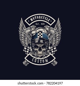 Vector illustration Vintage motorcycle Monochrome skull, motorcycle engines and wing in helmet . t-shirt graphics. Biker t-shirt. Motorcycle emblem.