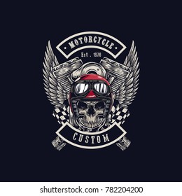 Vector illustration Vintage motorcycle Monochrome skull, motorcycle engines and wing in helmet . t-shirt graphics. Biker t-shirt. Motorcycle emblem.