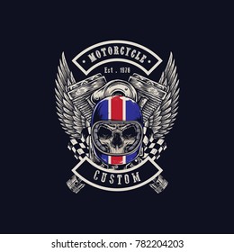 Vector illustration Vintage motorcycle Monochrome skull, motorcycle engines and wing in helmet . t-shirt graphics. Biker t-shirt. Motorcycle emblem.