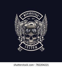 Vector illustration Vintage motorcycle Monochrome skull, motorcycle engines and wing in helmet . t-shirt graphics. Biker t-shirt. Motorcycle emblem.