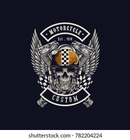 Vector illustration Vintage motorcycle Monochrome skull, motorcycle engines and wing in helmet . t-shirt graphics. Biker t-shirt. Motorcycle emblem.
