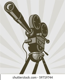 vector illustration of a Vintage movie or television film camera viewed from a low angle done in retro style.