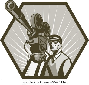 vector illustration of a Vintage movie or television film camera and director viewed from a low angle done in retro style.