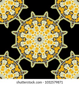 Vector illustration. Vintage multicolor seamless pattern in gray, black and yellow colors. Ceramic tile with colorful patchwork. Endless can be used for ceramic tile, wallpaper, linoleum, textile.