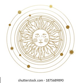Vector illustration in vintage mystic style, boho design, tattoo, tarot. The device of the universe, the sun with a face, orbits with stars. Line drawing Isolated on a white background