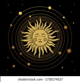 Vector illustration in vintage mystical style, boho design, tattoo, tarot. The device of the universe with a golden sun, moon, planets and orbits against the background of black space