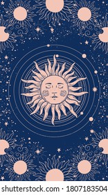 Vector illustration in vintage mystical style, boho design, tattoo, tarot. The device of the universe with a golden sun, moon, planets and orbits against the background of black space.