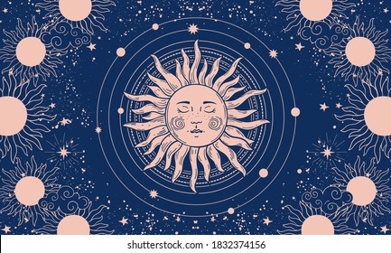 Vector illustration in vintage mystical style, boho design, tattoo, tarot. The device of the universe with a golden sun, moon, planets and orbits against the background of black space.