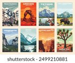 Vector illustration. Vintage National Park Posters, National Park Art Prints Nature Wall Art and Mountain Print Set Abstract Travel for Hikers Campers Living Room Decor.