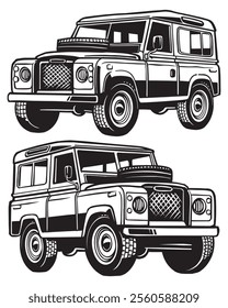 Vector illustration of a vintage off-road SUV car, hand drawn with classic details. Black and white monochrome design featuring retro elements, perfect for automotive design purposes, merchandise 