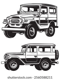 Vector illustration of a vintage off-road SUV car, hand drawn with classic details. Black and white monochrome design featuring retro elements, perfect for automotive design purposes, merchandise 