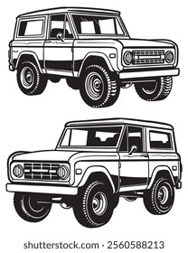 Vector illustration of a vintage off-road SUV car, hand drawn with classic details. Black and white monochrome design featuring retro elements, perfect for automotive design purposes, merchandise 