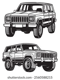 Vector illustration of a vintage off-road SUV car, hand drawn with classic details. Black and white monochrome design featuring retro elements, perfect for automotive design purposes, merchandise 