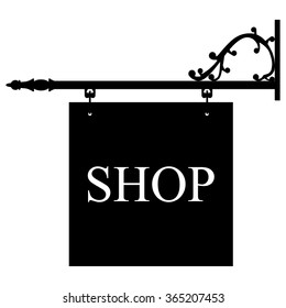 Vector illustration vintage, old shop sign. Signage shop sign route hanging information banner retailer.