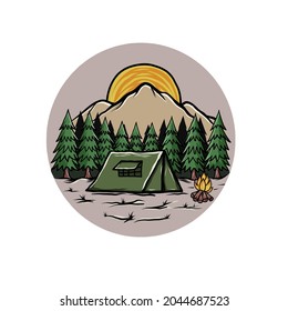 Vector Illustration of vintage outdoor summer camp logo with sun, mountain, tent and bonfire. Hand drawn and vector emblem design For apparel, merch, shirts,stickers logos and labels.