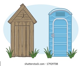 Vector Illustration Of A Vintage Outhouse And A Porta-potty