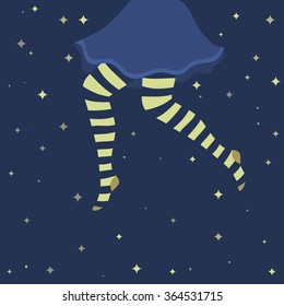 Vector illustration in vintage palette - a girl in a skirt, running across the night sky under the stars in striped tights. Picture in a flat style.