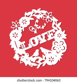 A vector illustration of a vintage paper cut silhouette love in floral wreath.