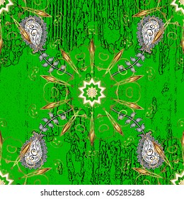 Vector illustration. Vintage pattern on a green background with golden elements.